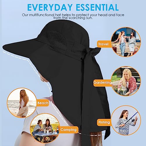 Womens Sun Hat UV Protection, Foldable Waterproof Wide Brim Bucket Hats with Neck Flap for Summer Beach Fishing Hiking - color: Black