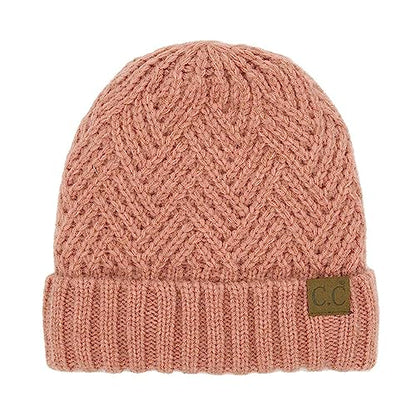 C.C Unisex Chunky Soft Stretch Cable Knit Warm Fuzzy Lined Skully Beanie - color: Cuffed Dark Rose
