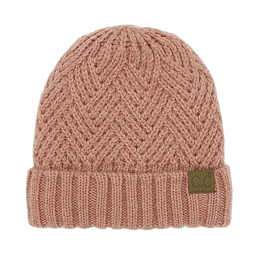 C.C Unisex Chunky Soft Stretch Cable Knit Warm Fuzzy Lined Skully Beanie - color: Cuffed Dark Rose