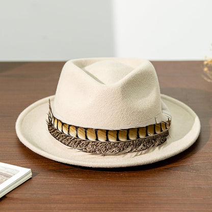 Home Prefer Men's Wool Felt Winter Hat Short Brim Fedora Hat with Feather - color: Beige Ring Necked Feather