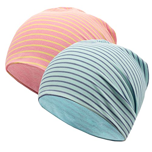 EMPIRELION 9" Women Lightweight Beanies Hats, Thin Sports Running Skull Cap Chemo Headwear Sleep Caps - color: Pale Blue/Lilac Stripe + Pink/Yellow Stripe