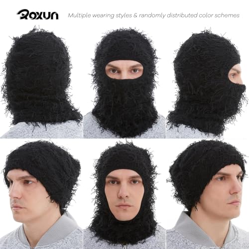 ROXUN Distressed Ski Mask Balaclava, Yeat Shiesty Fluffy Knitted Full Face - color: 01- Black