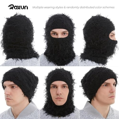 ROXUN Distressed Ski Mask Balaclava, Yeat Shiesty Fluffy Knitted Full Face - color: 01- Black