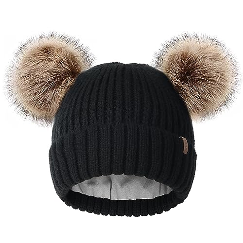 FURTALK Fleece Lined Cute Winter Beanie Hats for Women Girls Warm Knit Hats with Double Faux Fur Pom Poms - color: Balck