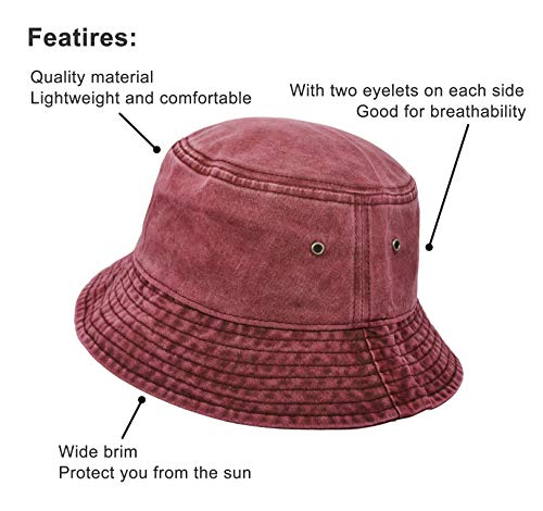 Bucket Hat, Wide Brim Washed Denim Cotton Outdoor Sun Hat Flat Top Cap for Fishing Hiking Beach Sports - color: Wine Red