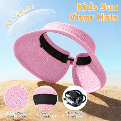 ZOORON Girls Straw Sun Visor Hat, Wide Brim Ponytail Beach Hat with Bow - color: Pink