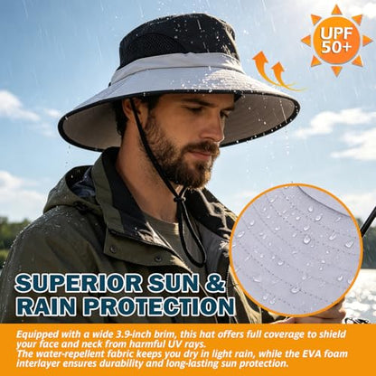 Wide Brim Sun Bucket Hat, Waterproof Boonie Hat for Men & Women - color: 02 Light Grey+black