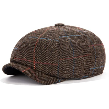 Men's Wool Newsboy Cap 8-Panel Tweed Taxi Hat Herringbone Gatsby Flat Hats - color: E-coffee
