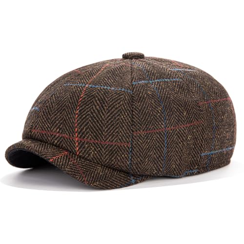 Men's Wool Newsboy Cap 8-Panel Tweed Taxi Hat Herringbone Gatsby Flat Hats - color: E-coffee
