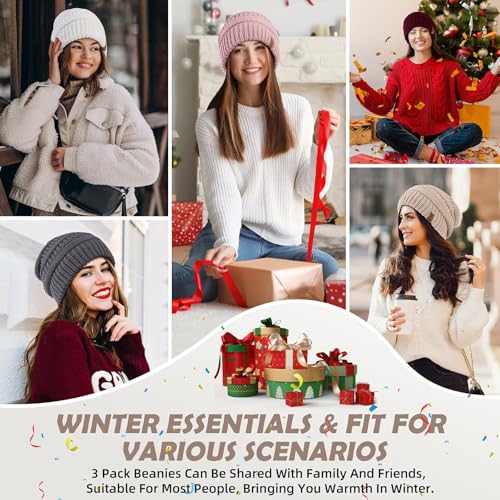 3 Pack Satin Lined Beanie for Women, Warm Slouchy Winter Hats with Silk Lined, Fashionable Oversized Cable Knit Hat Skull Cap - color: Black, Oatmeal, Purple
