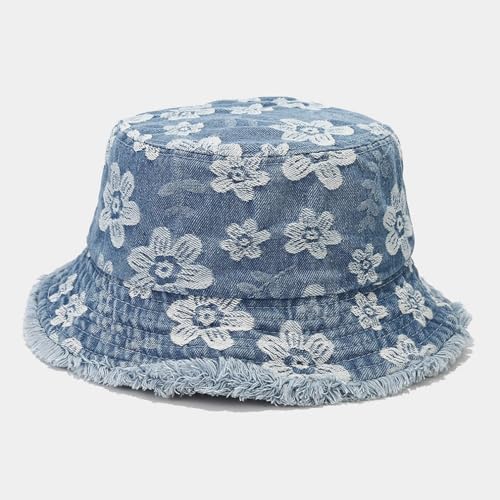Quanhaigou Frayed Unisex Sun Hats, Fashion Beach Bucket Hat for Men Women,Summer Outdoor Boy's Girls Boonie Cap - color: Denim Floral L.blue