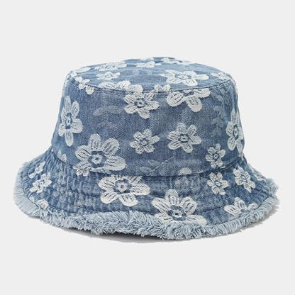 Quanhaigou Frayed Unisex Sun Hats, Fashion Beach Bucket Hat for Men Women,Summer Outdoor Boy's Girls Boonie Cap - color: Denim Floral L.blue
