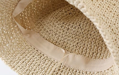 Women's Straw Bucket Hat Summer Mesh Woven Sun Beach Hat Foldable Fisherman Caps Hats - color: Brown
