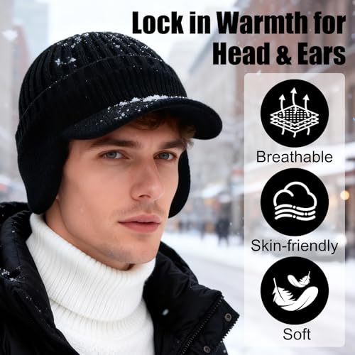 Cozy Head Beanies for Women Men, 2026 New Cozyhead Hats with Brim and Ear Flaps Outdoor Winter Warm Knitted Black