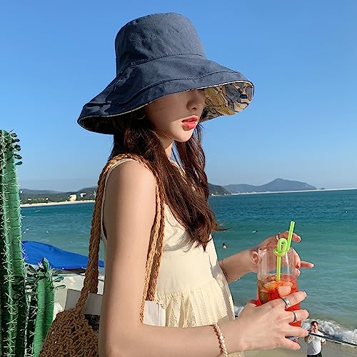 HUAMULAN Wide Brim Women Summer Sun Floppy Hat Reversible Beach Bucket Hat - color: M1744-navy