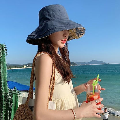 HUAMULAN Wide Brim Women Summer Sun Floppy Hat Reversible Beach Bucket Hat - color: M1744-navy
