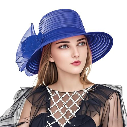Haoohu Women's Church Derby Hat Wide Brim Bow Bucket Hat Wedding Dress Hat Fascinator Bridal Tea Party Hat - color: Blue