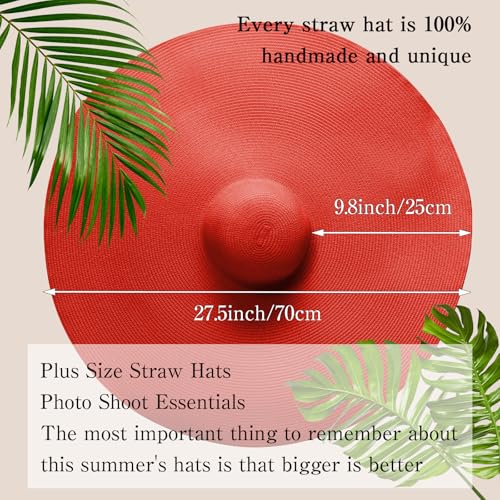 Oversized Beach Straw Hat for Women Fashion Large Wide Brim Visor Hats Summer Roll Up Floppy Sun Hat for Beach Cap Foldable - color: Red