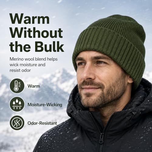 Men’s Plus Size M/L-XXL Merino Wool Beanie for Big Heads - color: Army Green, size: Medium-Large