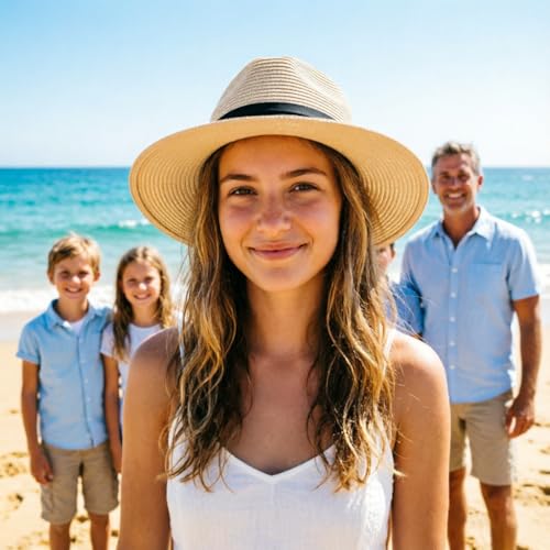 DRESHOW Women Straw Panama Hat Travel Fedora Beach Sun Hat Summer Wide Brim Straw Roll up Hats UPF 50+ - color: Fedora Beige