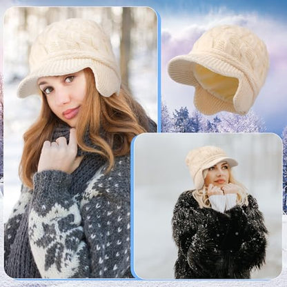 Jenaai Winter Beanie with Brim and Earflap for Woman Outdoor Warm Thermal Knitted Hat for Women Men Cold Weather - color: Beige