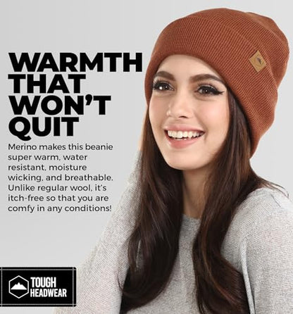 Tough Headwear Merino Wool Beanie - Moisture Wicking Winter Hats for Women - Stretchy Mens Beanie - Breathable Wool Hat - color: Basic - Bronze