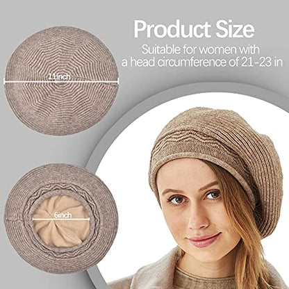 FENELY Beret Hat for Women, French Style Beanie Winter Fashion Warm Thickened Lining Knit Cap - color: Khaki