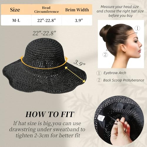 Floppy Big Beach Straw Hats for Women Foldable Summer Wide Brim Packable Sun Hat Womens Travel Straw Fedora Hat - color: Black-4
