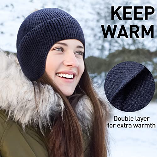 Arcweg Beanie with Earflap for Men Women Winter Warm Thermal Hats Stocking Cap Toboggan Outdoor Hat - color: Navy Blue