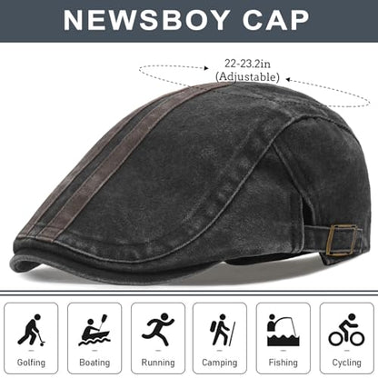 Initlove Mens Newsboy Cap Washed Beret Ivy Hat Flat Hats for Cabbie Driving - color: B Black