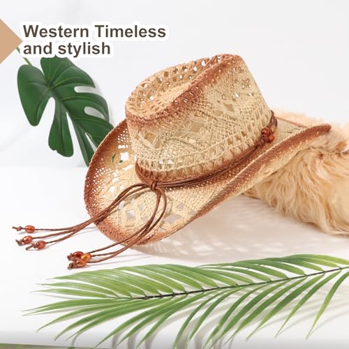 AQOKKA Straw Cowboy Hats for Women Men Western Cowgirl Hats with Shapeable Brim Woven Hollow Out Unisex Beach Roll Up Caps - color: Brown Beads Cowboy Hats : Khaki+beige Spray-painted