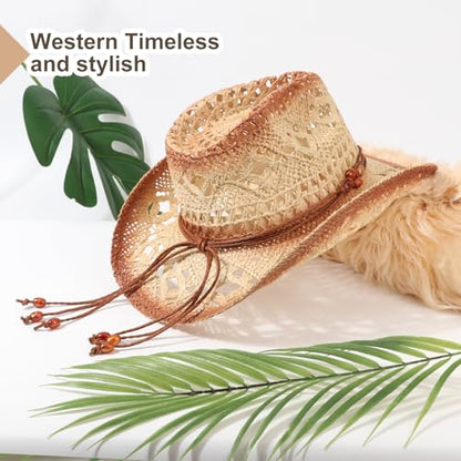 AQOKKA Straw Cowboy Hats for Women Men Western Cowgirl Hats with Shapeable Brim Woven Hollow Out Unisex Beach Roll Up Caps - color: Brown Beads Cowboy Hats : Khaki+beige Spray-painted