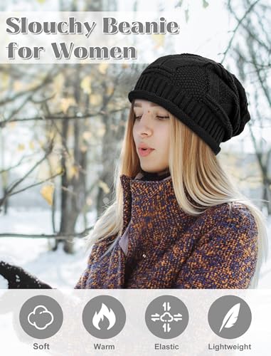 Senker Fashion 2 Pack Winter Beanie Hats for Women, Womens Slouchy Beanies - color: Black Dark Grey