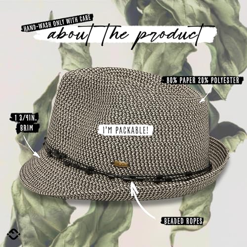 Funky Junque Short Brim Fedora Packable Sun Hat for Women - color: Black Multi W/ Beaded Ropes