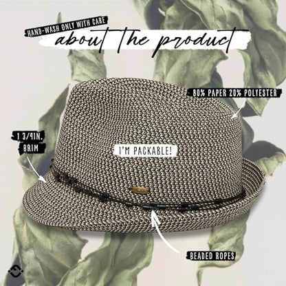 Funky Junque Short Brim Fedora Packable Sun Hat for Women - color: Black Multi W/ Beaded Ropes