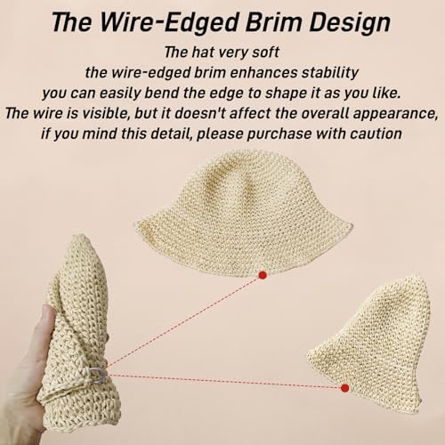 Floppy Big Beach Straw Hats for Women Foldable Summer Wide Brim Packable Sun Hat Womens Travel Straw Fedora Hat - color: Beige-5