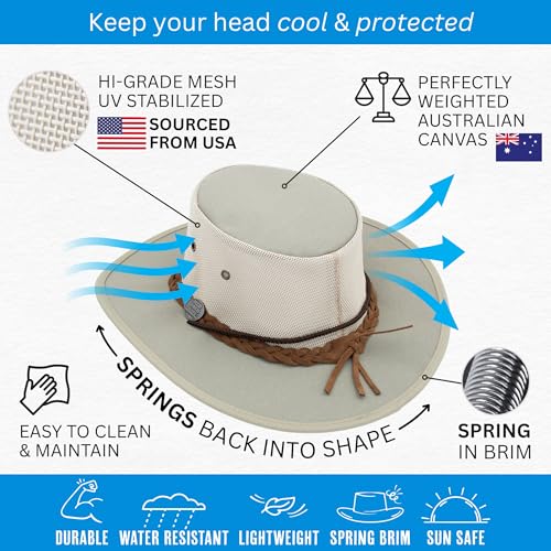 1048 Canvas Cooler - Australian Drover Sun Hat - Durable Canvas, Airflow Mesh, Lightweight, Wide Brim - color: Khaki, size: Large