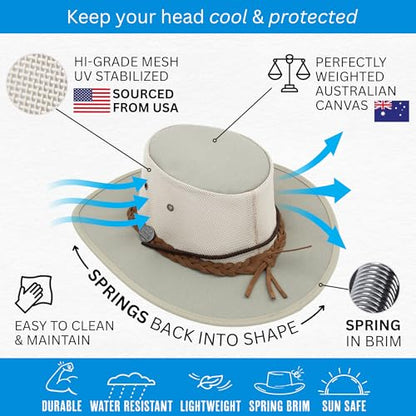 1048 Canvas Cooler - Australian Drover Sun Hat - Durable Canvas, Airflow Mesh, Lightweight, Wide Brim - color: Khaki, size: Medium
