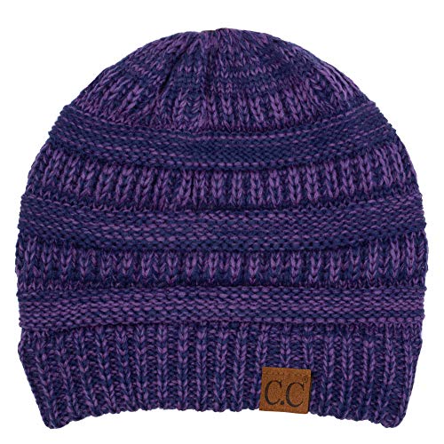CC Classic Winter Fall Trendy Chunky Stretchy Cable Knit Beanie Hat - color: 2 Tone Purple/Navy