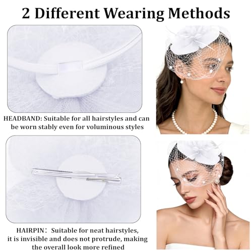 Semato Fascinators Hats for Women Mesh Feathers Elegant White Tea Party Kentucky Hat Derby Headband with Hair Clip - color: White