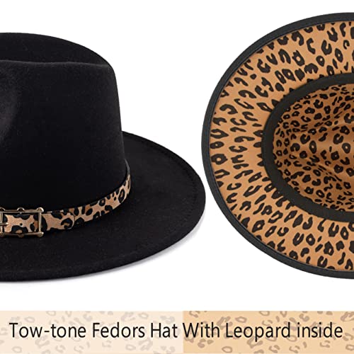 Women's Wide Brim Felt Fedora Panama Hat with Leopard - color: Y-black & Leopard