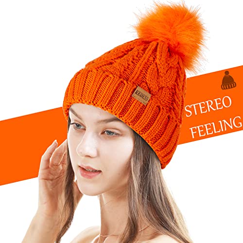 REDESS Women Winter Pompom Beanie Hat with Warm Fleece Lined Thick Slouchy Snow Knit Hat Skull Ski Cap - color: Orange