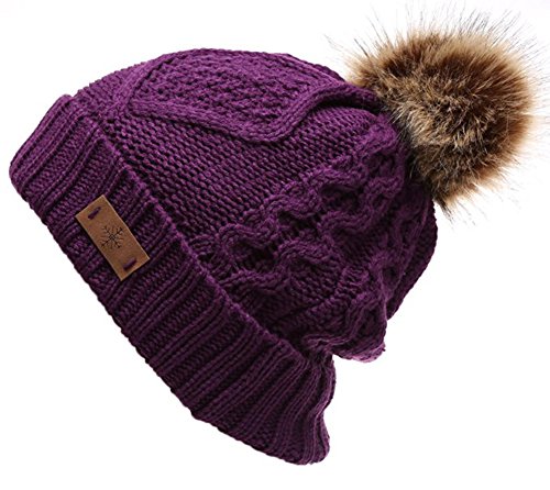Women's Winter Fleece Lined Cable Knitted Pom Pom Beanie Hat - color: Purple