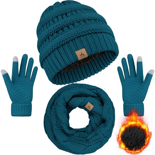 LOROME Winter Beanie Hat Scarf Gloves, Warm Fleece Knit Neck Scarf Set Gift - color: Blue