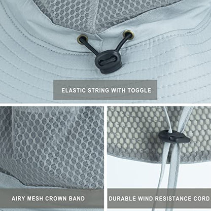 Mens Sun Hat Wide Brim Breathable Mesh UPF 50+ Waterproof Fishing Hat Safari Hat Foldable Boonie Cap - color: Light Gray