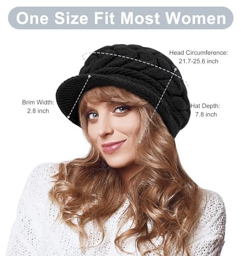 YSense 2 Pack Womens Winter Hats Warm Knit Beanie with Visor - color: Black Light Grey