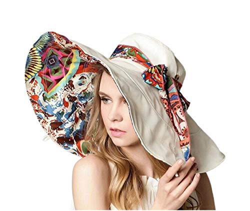 iHomey Packable Shapeable Extra Large Brim Floppy Sun Hat Reversible UPF 50+ Beach Sun Bucket Hat - color: A-beige
