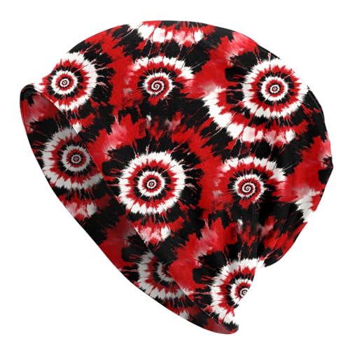 Slouchy Beanie Hat Skull Cap Chemo Headwear Baggy Hats for Men Women Running Cycling - color: Black Red Tie Dye