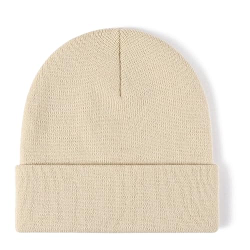 Rosoz Beanie for Men Women Cuffed Knit Hat Winter Beanies Skull Cap Unisex - color: Beige
