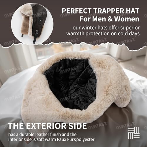 Leather Trapper Hat Winter Trooper Hats for Men Faux Fur Hat Aviator Russian Ushanka Hats with Earflaps Skiing Hat - color: Mg-lfmyypyb30-black